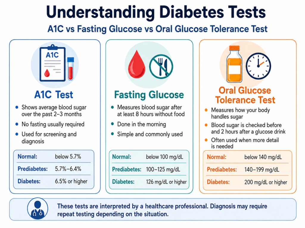 Blood tests and reference ranges used to diagnose diabetes.
