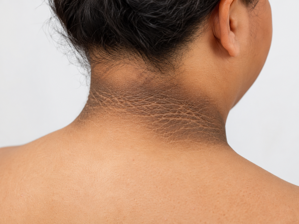 Dark velvety neck patches associated with insulin resistance.